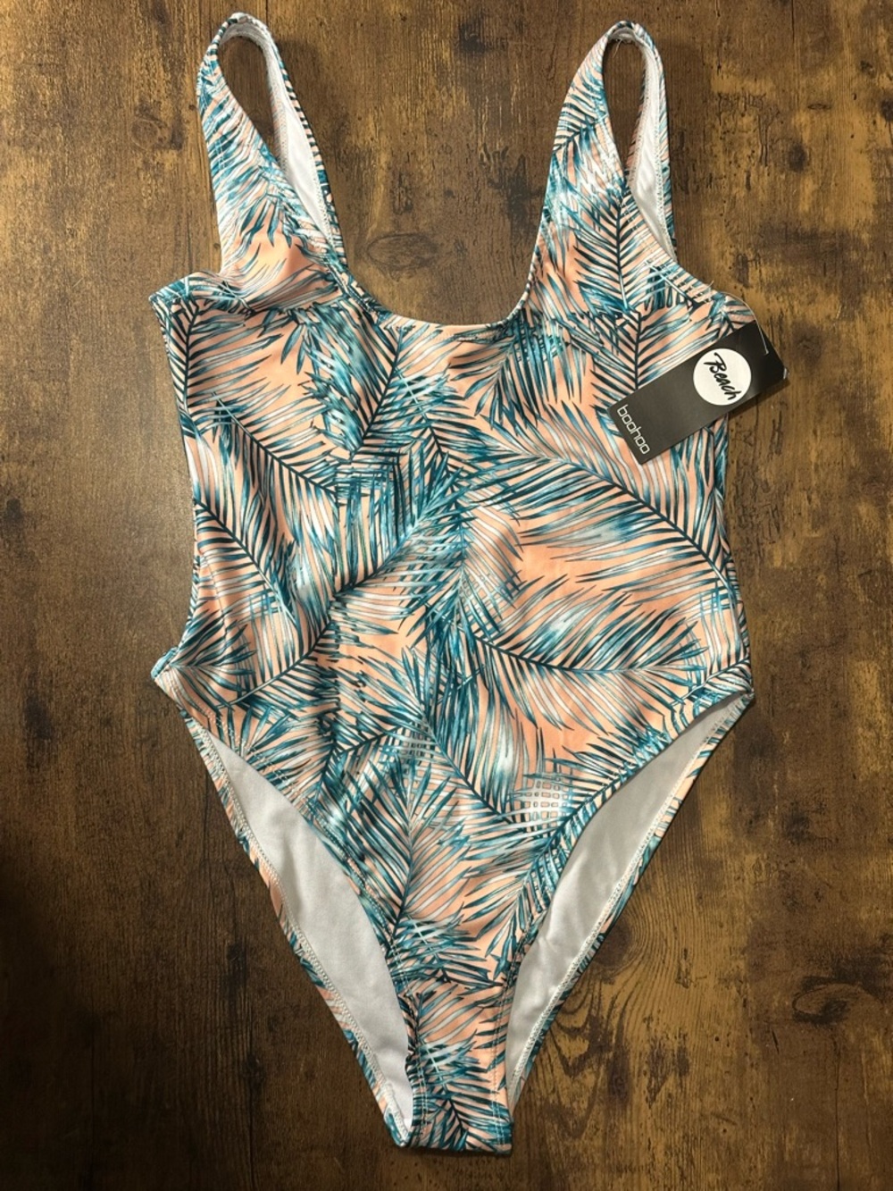 Boohoo Peach and Teal Palm-Print One-Piece Swimsuit
